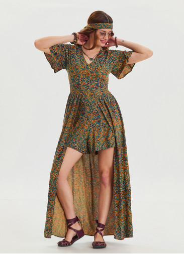 Flounce Sleeve, Shorts Detailed Petrol Women's Bohemian Jumpsuit 4487